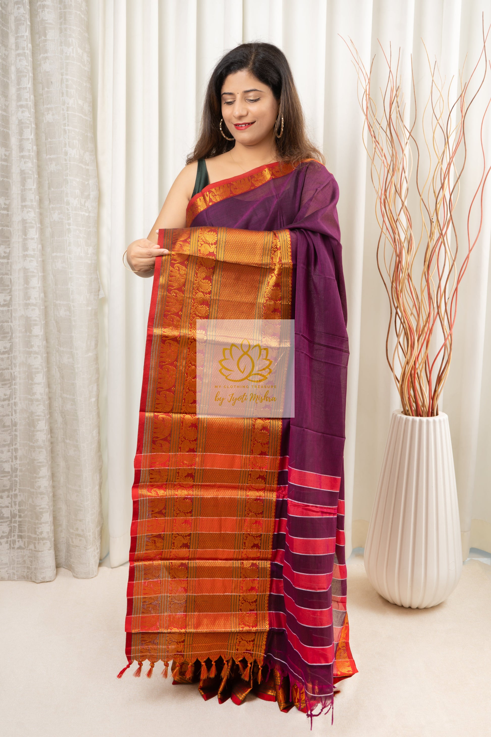 Narayanpet Mercerized Cotton Saree With Zari Border - Purple 2