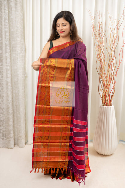 Narayanpet Mercerized Cotton Saree With Zari Border - Purple 2