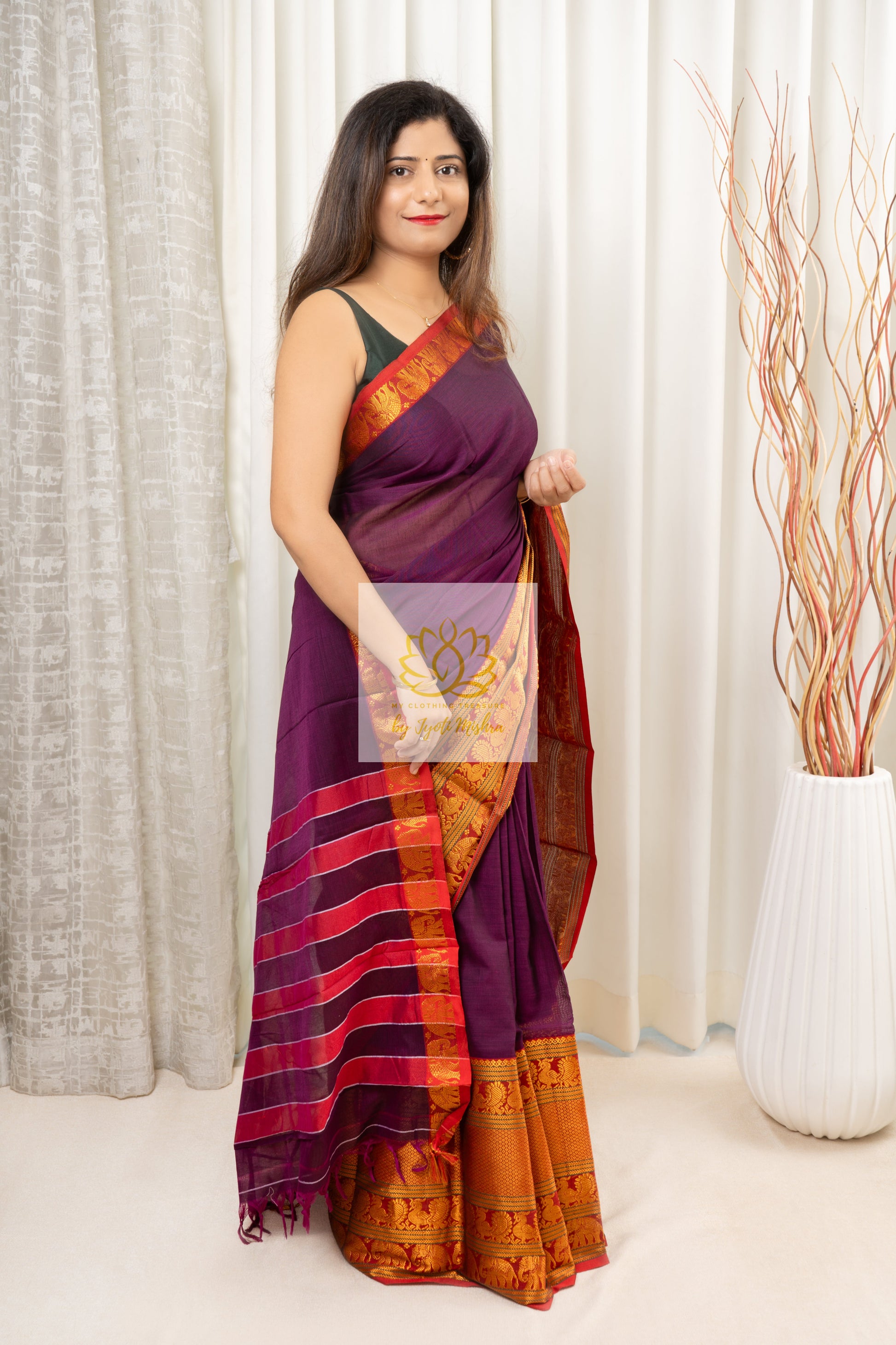 Narayanpet Mercerized Cotton Saree With Zari Border - Purple 2