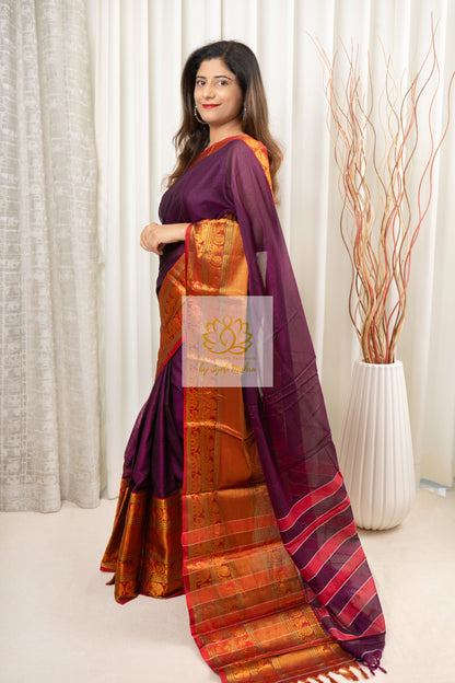 Narayanpet Mercerized Cotton Saree With Zari Border - Purple 2