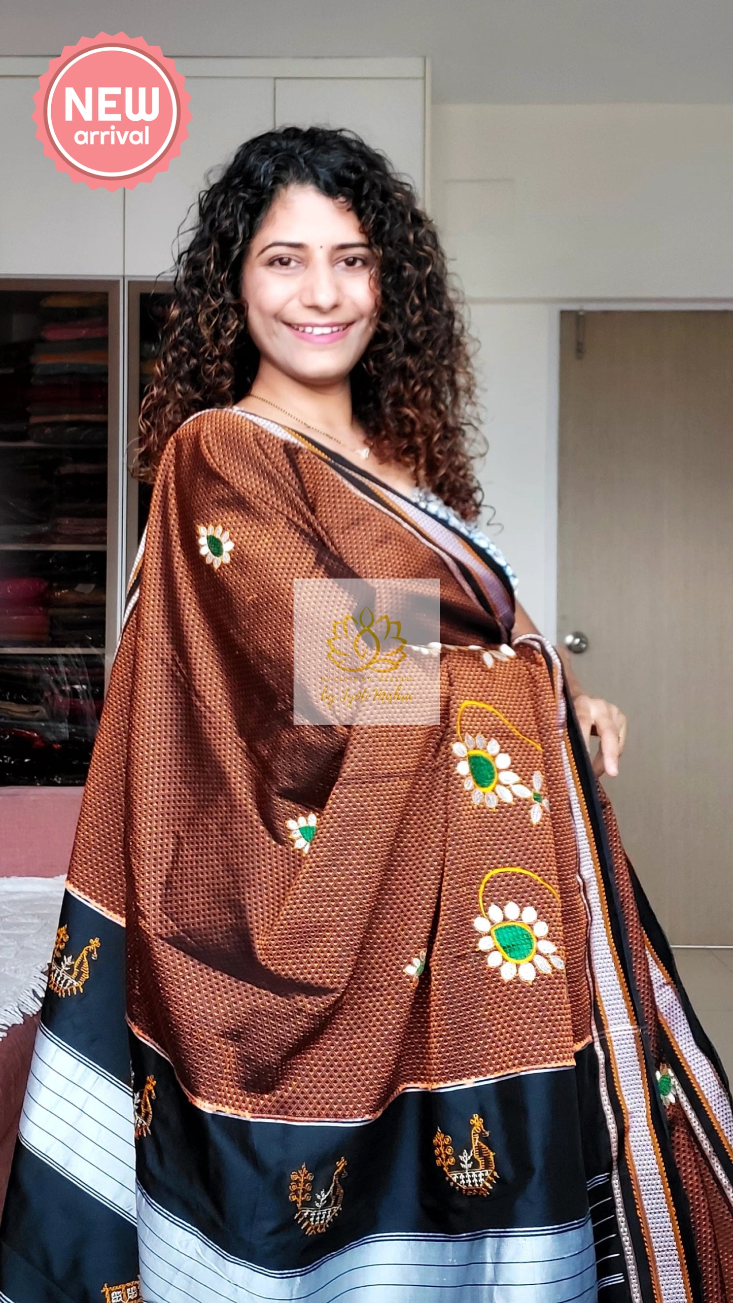 Nath Embroidery Traditional Black Border Khun Saree - Brown