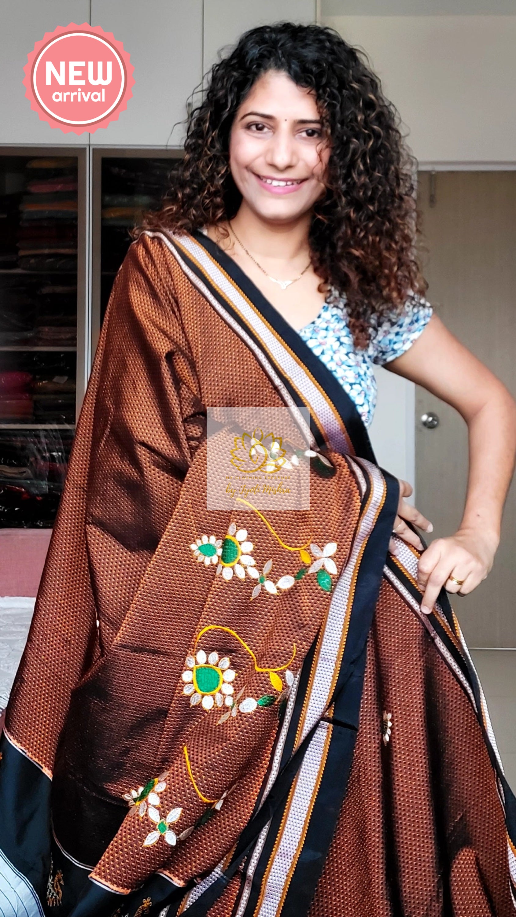 Nath Embroidery Traditional Black Border Khun Saree - Brown