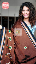 Load image into Gallery viewer, Nath Embroidery Traditional Black Border Khun Saree - Brown
