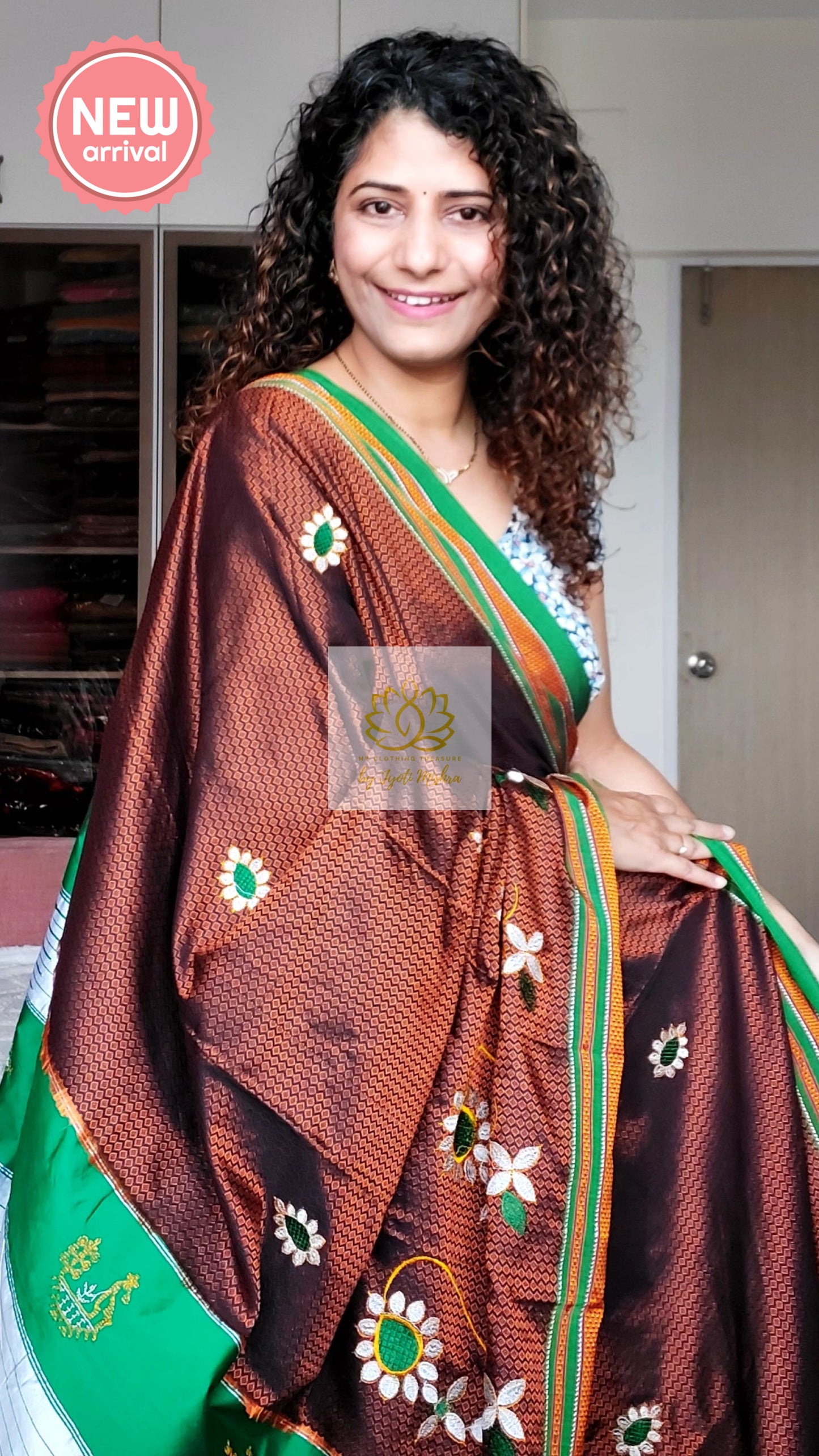 Nath Embroidery Traditional Green Border Khun Saree - Brown