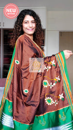 Load image into Gallery viewer, Nath Embroidery Traditional Green Border Khun Saree - Brown
