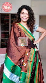 Load image into Gallery viewer, Nath Embroidery Traditional Green Border Khun Saree - Brown
