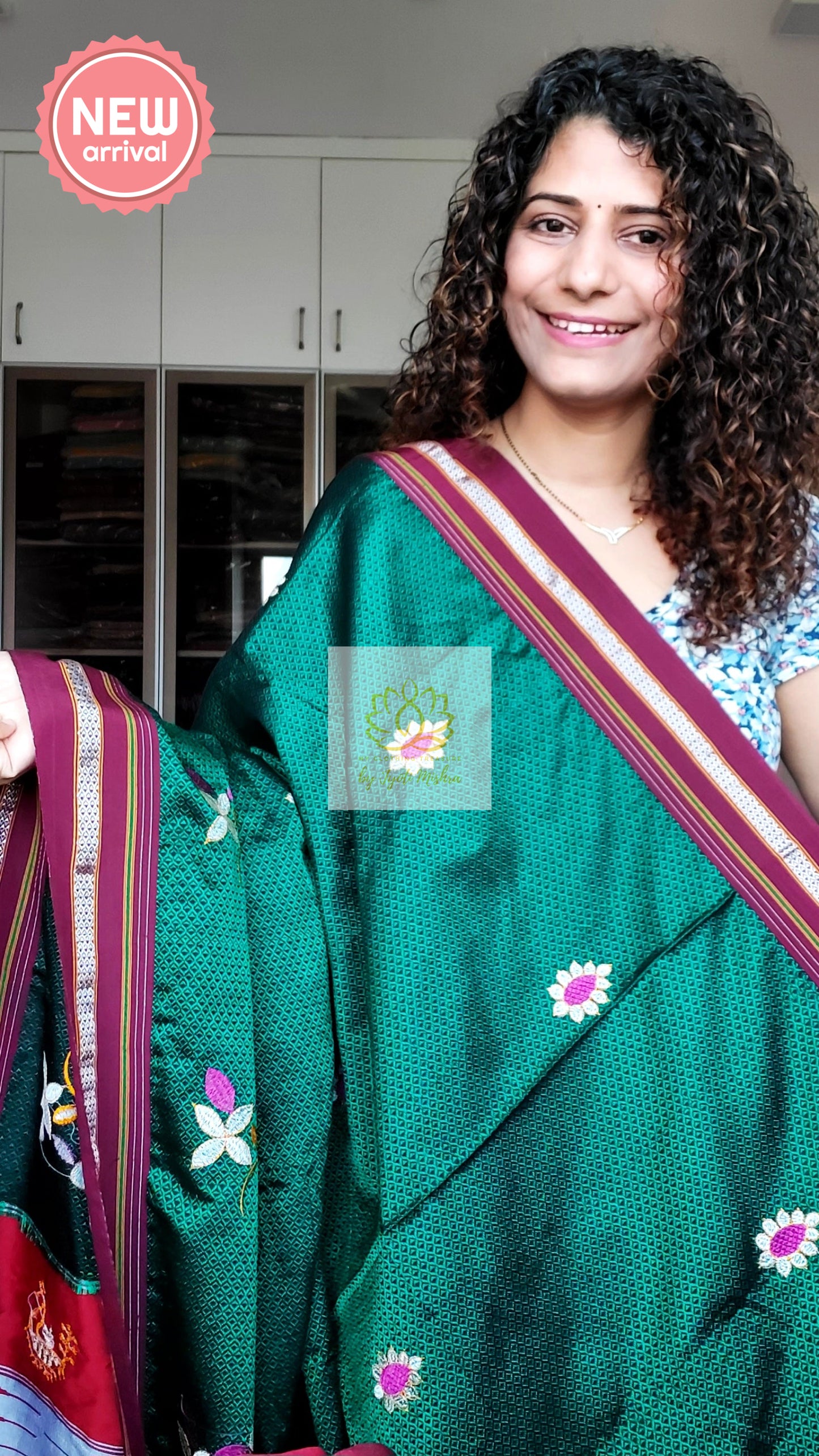 Nath Embroidery Traditional Maroon Border Khun Saree - Bottle Green