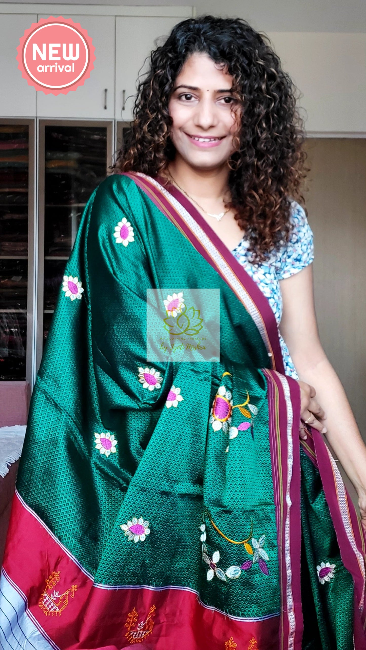 Nath Embroidery Traditional Maroon Border Khun Saree - Bottle Green