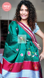 Load image into Gallery viewer, Nath Embroidery Traditional Maroon Border Khun Saree - Bottle Green
