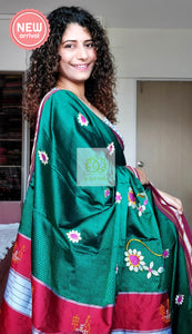 Nath Embroidery Traditional Maroon Border Khun Saree - Bottle Green