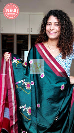 Load image into Gallery viewer, Nath Embroidery Traditional Maroon Border Khun Saree - Teal Green
