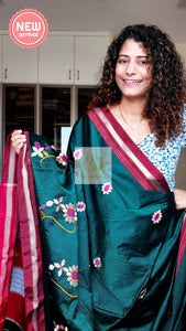 Nath Embroidery Traditional Maroon Border Khun Saree - Teal Green