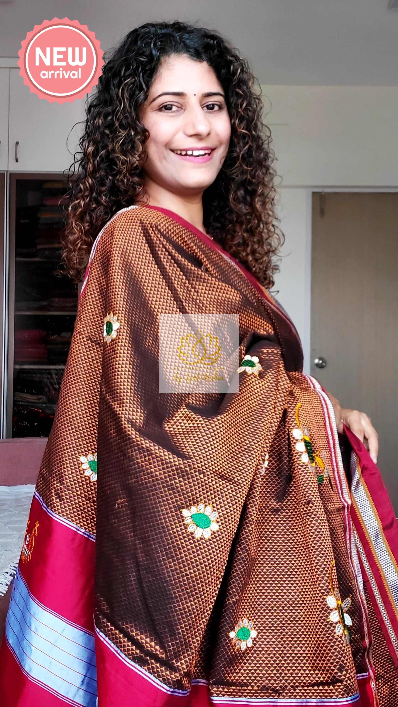 Nath Embroidery Traditional Red Border Khun Saree - Brown