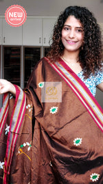 Load image into Gallery viewer, Nath Embroidery Traditional Red Border Khun Saree - Brown
