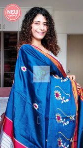 Nath Embroidery Traditional Red Border Khun Saree - Royal Blue