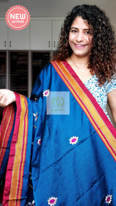 Nath Embroidery Traditional Red Border Khun Saree - Royal Blue