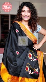 Load image into Gallery viewer, Nath Embroidery Traditional Yellow Border Khun Saree - Black
