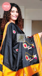 Load image into Gallery viewer, Nath Embroidery Traditional Yellow Border Khun Saree - Black
