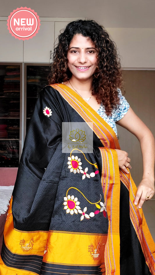 Nath Embroidery Traditional Yellow Border Khun Saree - Black