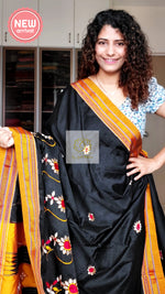 Load image into Gallery viewer, Nath Embroidery Traditional Yellow Border Khun Saree - Black
