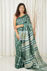 Natural Dye Odisha Ikkat Pure Silk Saree- English Green Saree