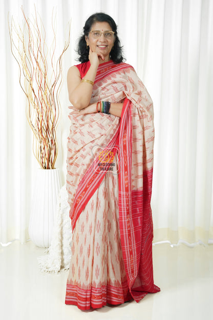 Odisha Ikkat Khandua Cotton Saree- Beige-Red Saree