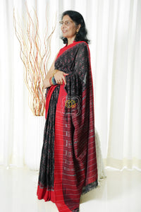 Odisha Ikkat Khandua Cotton Saree- Black Red Saree