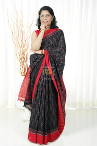 Odisha Ikkat Khandua Cotton Saree- Black Red Saree