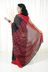 Odisha Ikkat Khandua Cotton Saree- Black Red Saree