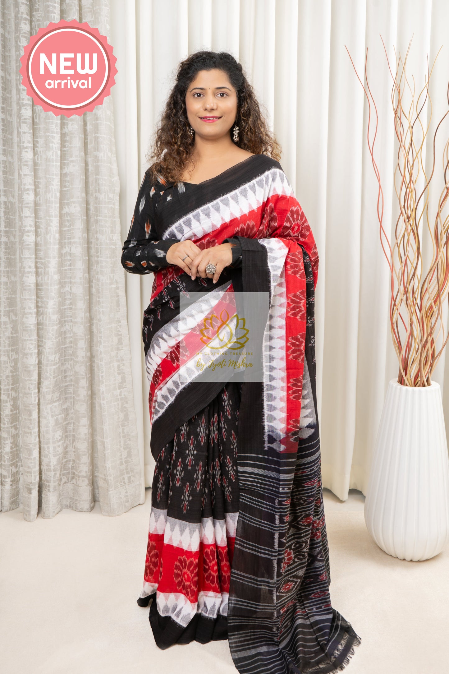 Odisha Ikkat Khandua Cotton Saree - Black-White-Red