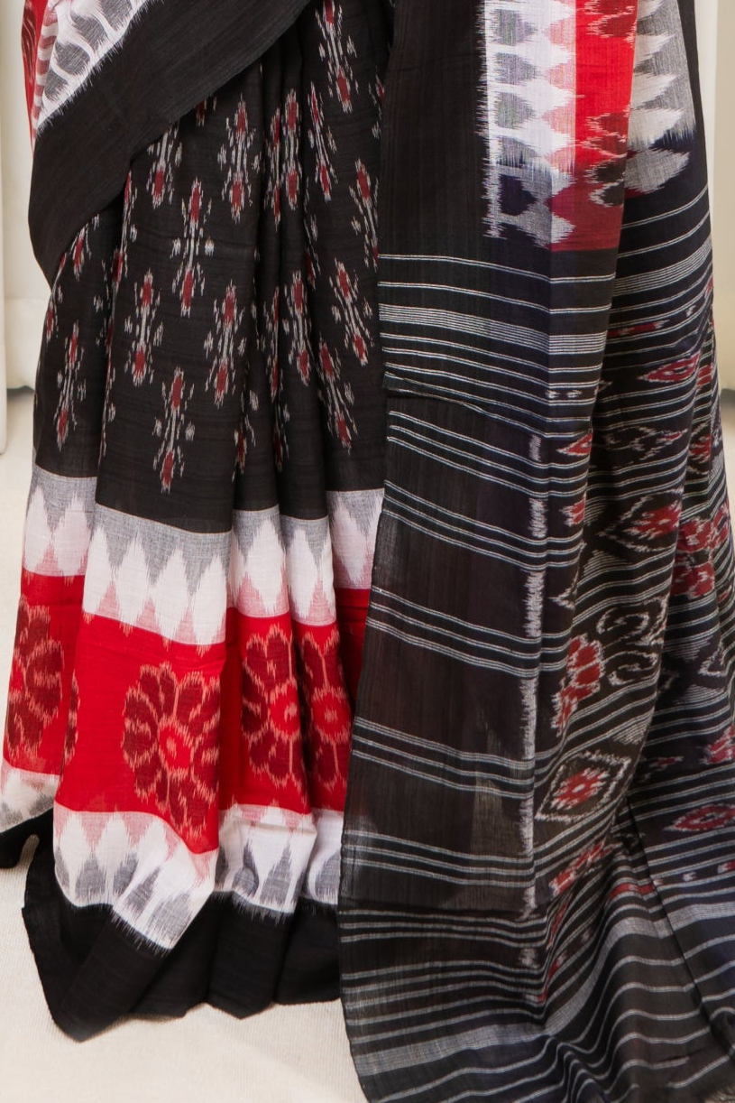 Odisha Ikkat Khandua Cotton Saree - Black-White-Red