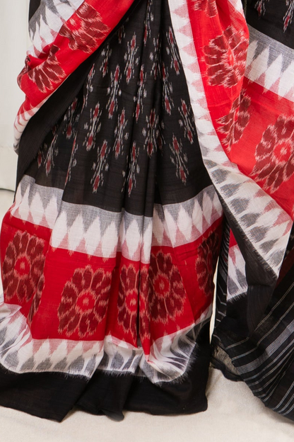 Odisha Ikkat Khandua Cotton Saree - Black-White-Red