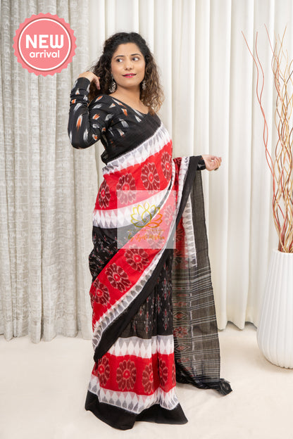 Odisha Ikkat Khandua Cotton Saree - Black-White-Red