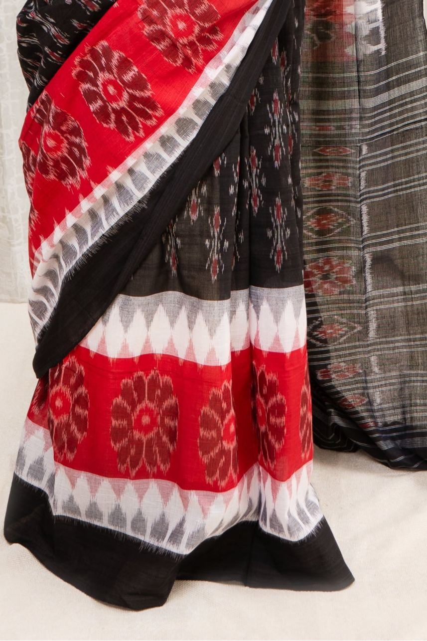 Odisha Ikkat Khandua Cotton Saree - Black-White-Red