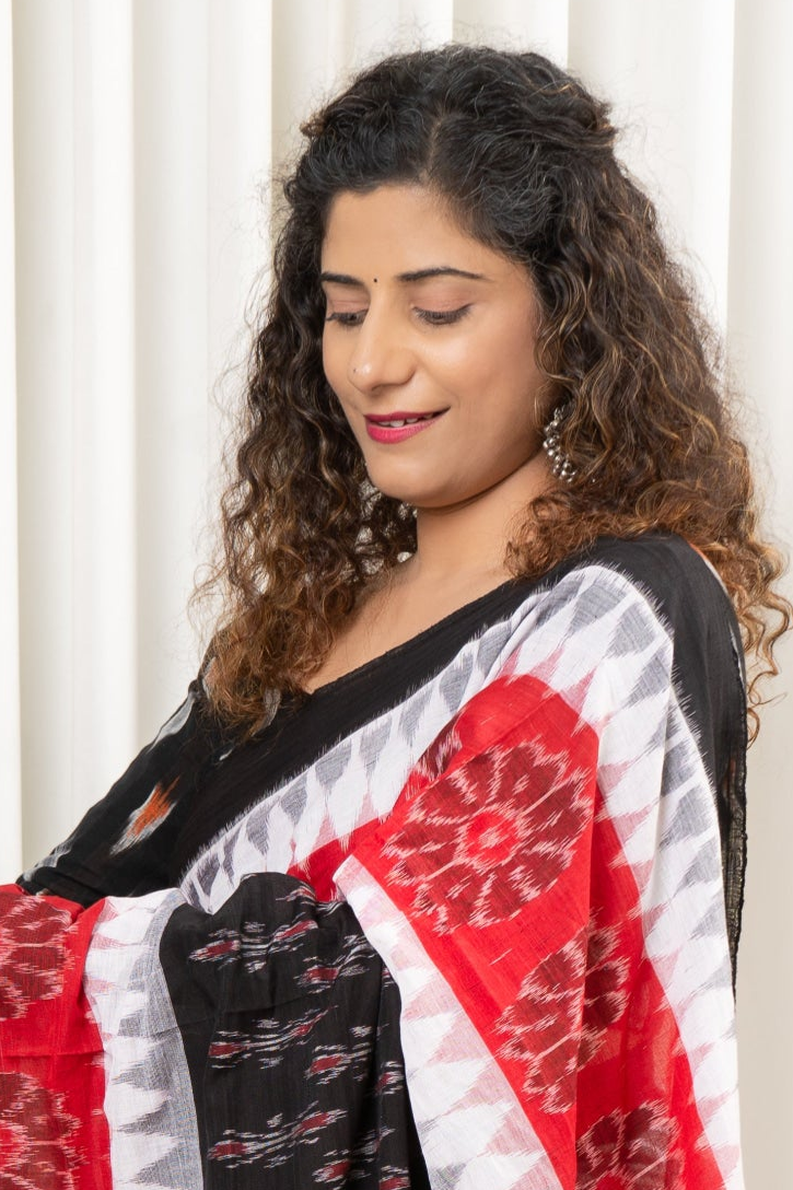 Odisha Ikkat Khandua Cotton Saree - Black-White-Red