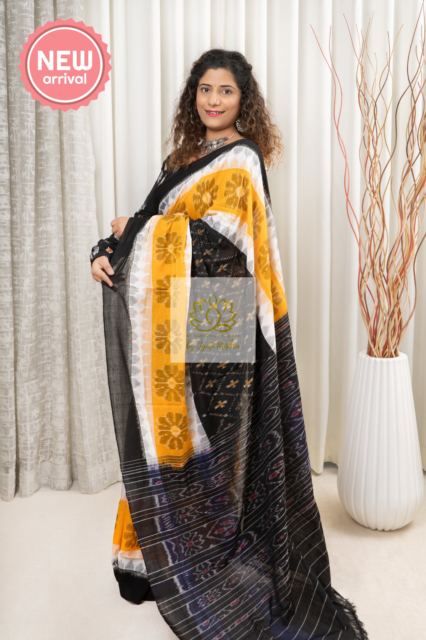 Odisha Ikkat Khandua Cotton Saree - Black-White-Yellow