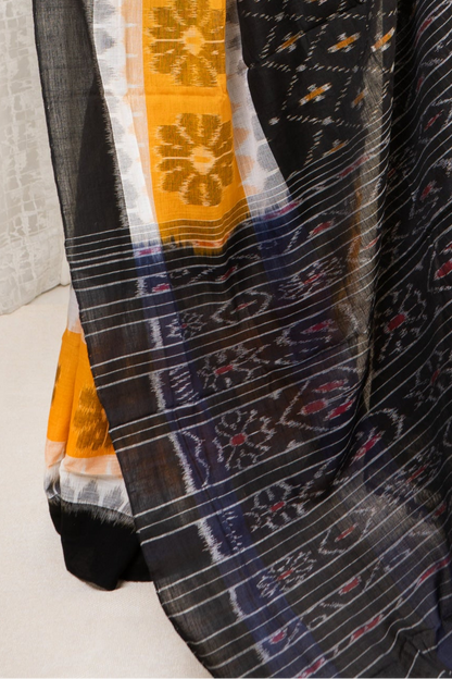Odisha Ikkat Khandua Cotton Saree - Black-White-Yellow