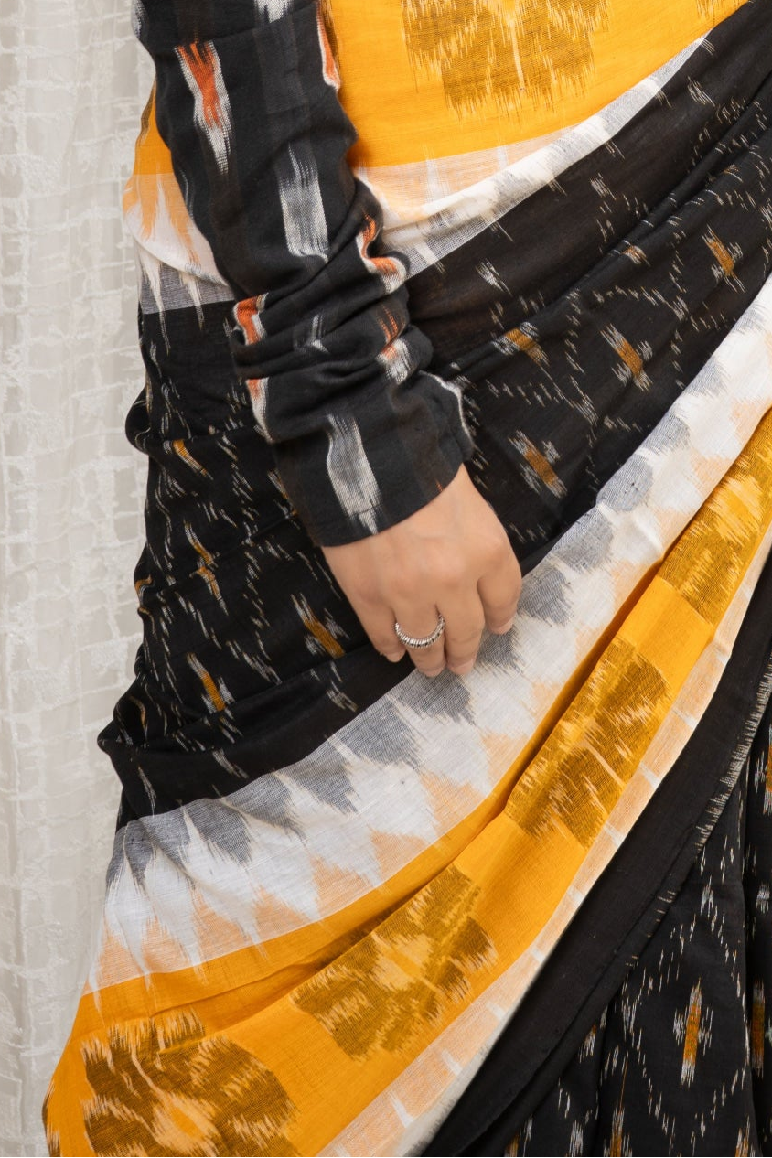 Odisha Ikkat Khandua Cotton Saree - Black-White-Yellow