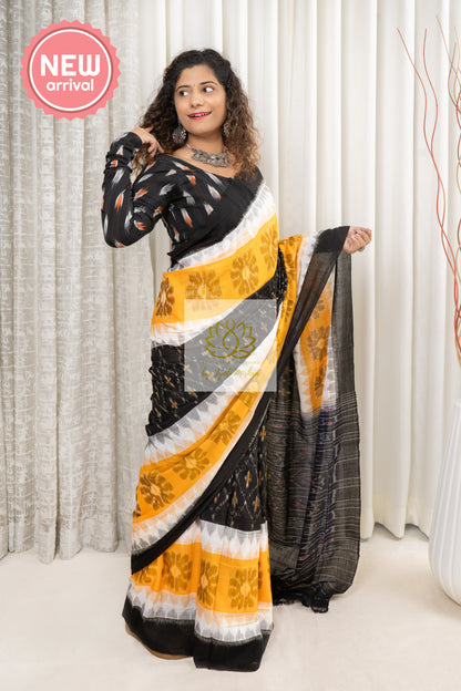 Odisha Ikkat Khandua Cotton Saree - Black-White-Yellow