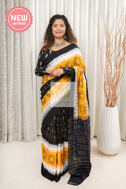 Odisha Ikkat Khandua Cotton Saree - Black-White-Yellow