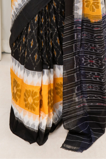 Odisha Ikkat Khandua Cotton Saree - Black-White-Yellow