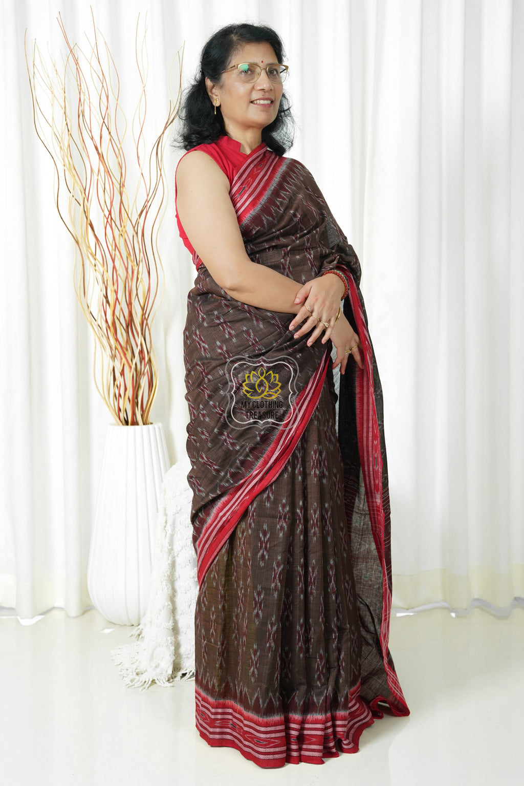 Odisha Ikkat Khandua Cotton Saree - Brown Red