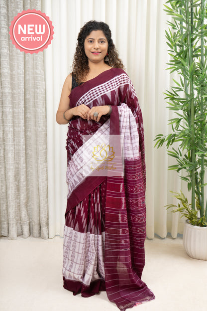 Odisha Ikkat Khandua Cotton Saree- Burgundy And White Saree