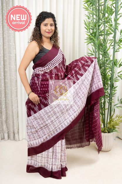 Odisha Ikkat Khandua Cotton Saree- Burgundy And White Saree