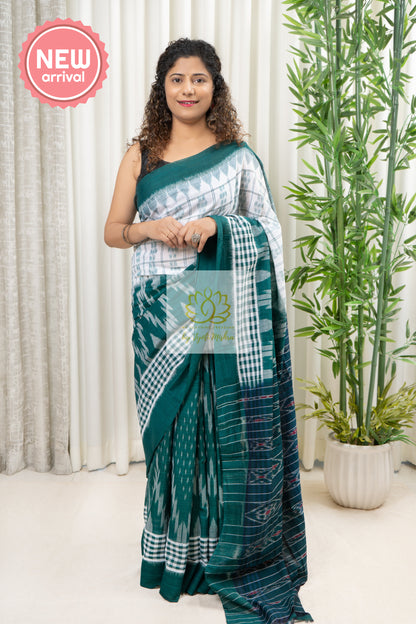 Odisha Ikkat Khandua Cotton Saree- Green And White Saree