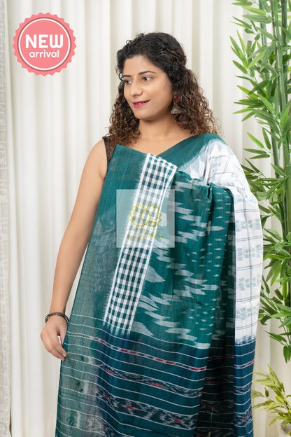 Odisha Ikkat Khandua Cotton Saree- Green And White Saree