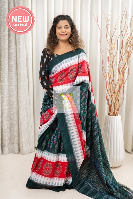 Odisha Ikkat Khandua Cotton Saree - Green-White-Red