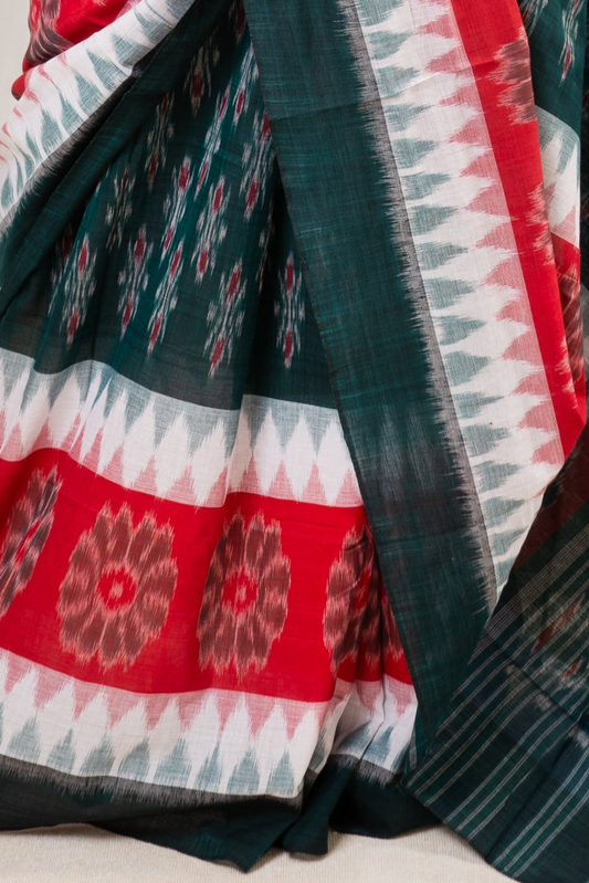 Odisha Ikkat Khandua Cotton Saree - Green-White-Red