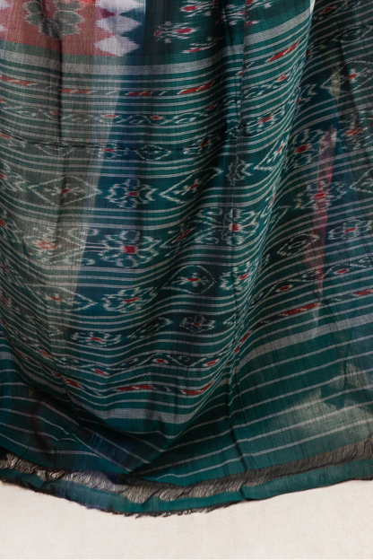 Odisha Ikkat Khandua Cotton Saree - Green-White-Red