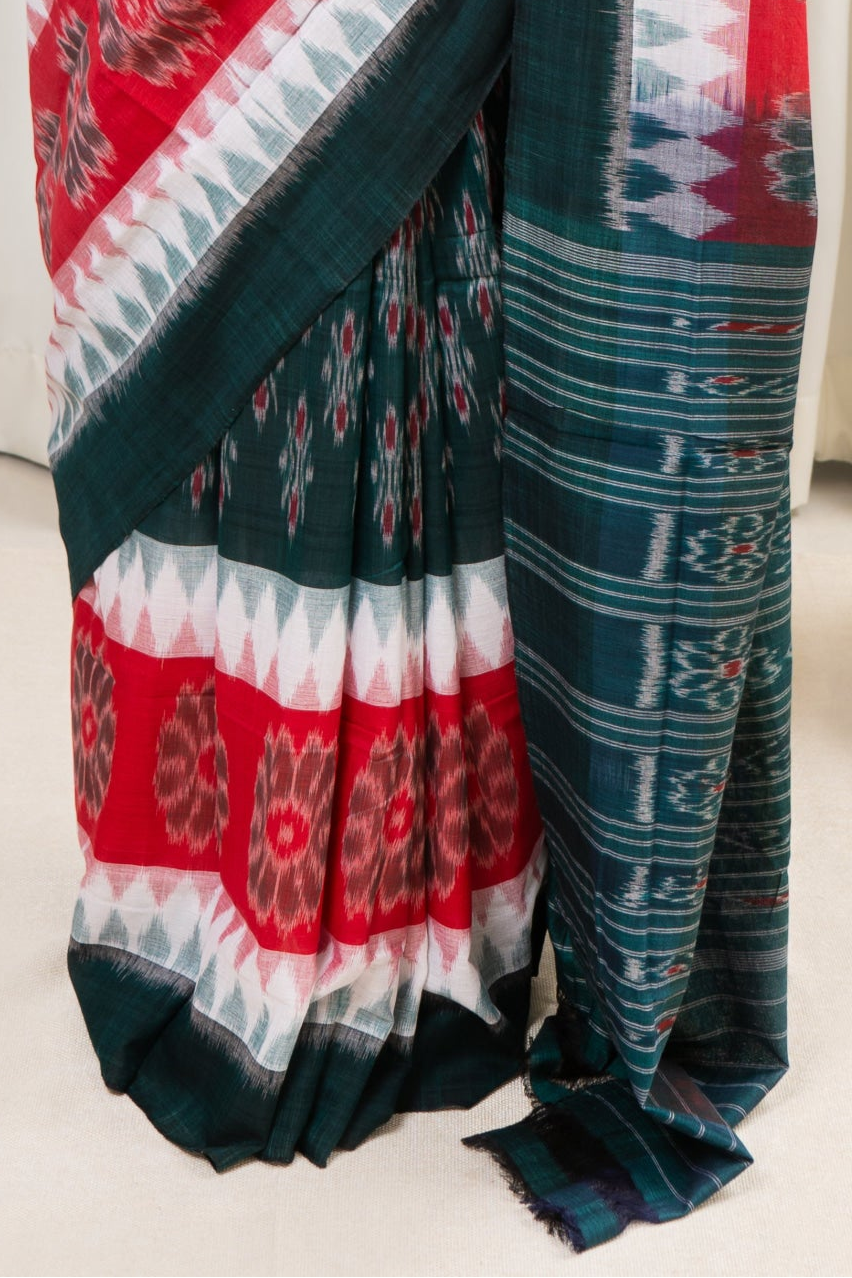 Odisha Ikkat Khandua Cotton Saree - Green-White-Red